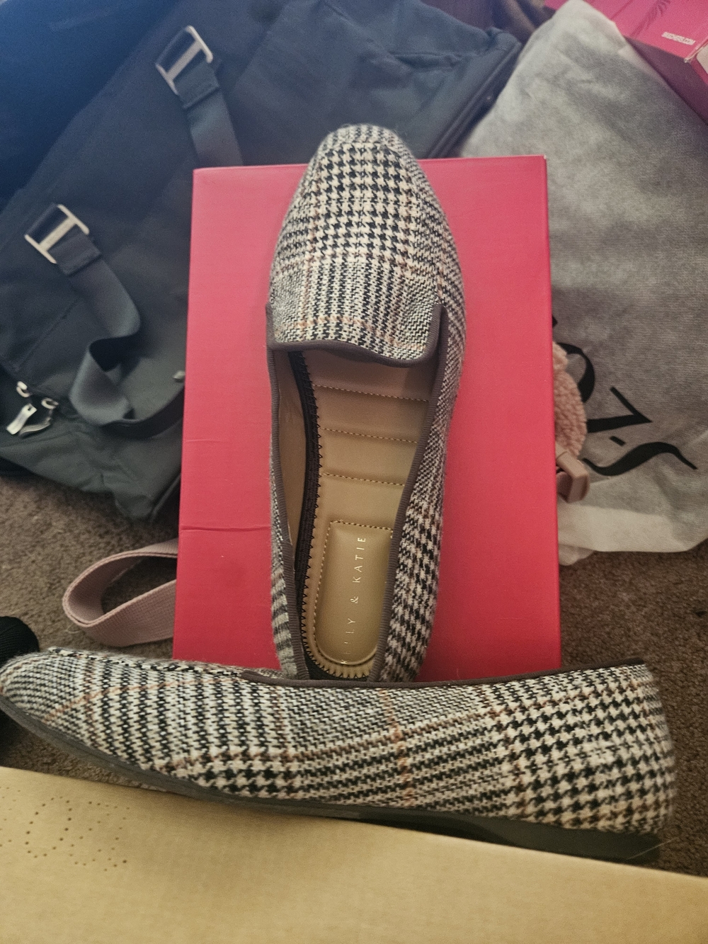 Kelly & Katie Houndstooth Plaid Loafers - Black, White, Brown